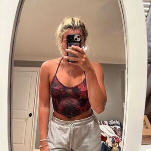 Red and Black Patterned Halter Neck Crop Top